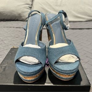 Denim and cork peep-toe wedges, size 7 1/2